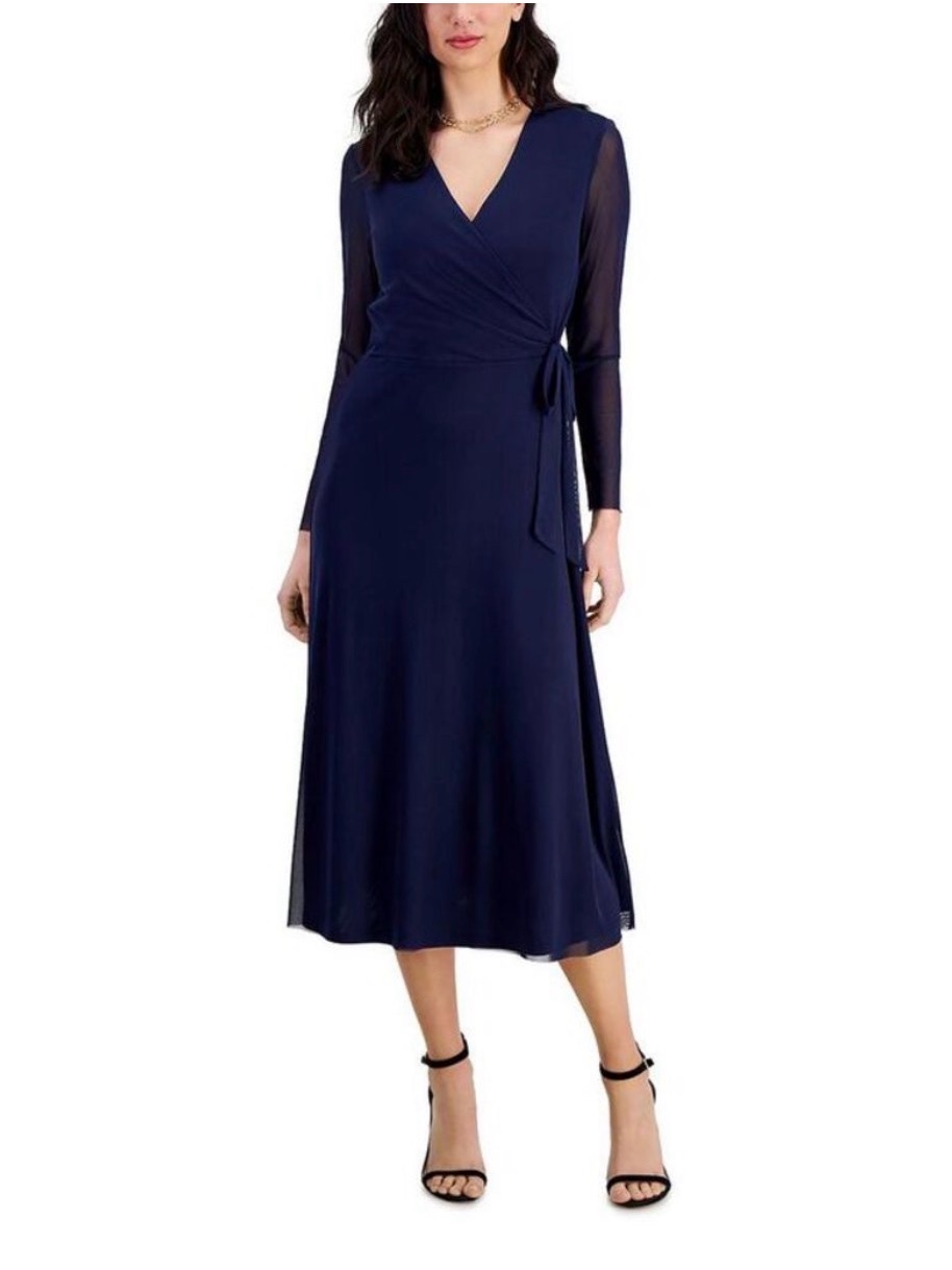 Anne Klein Navy Wrap Midi Dress With Sheer Long Sleeves